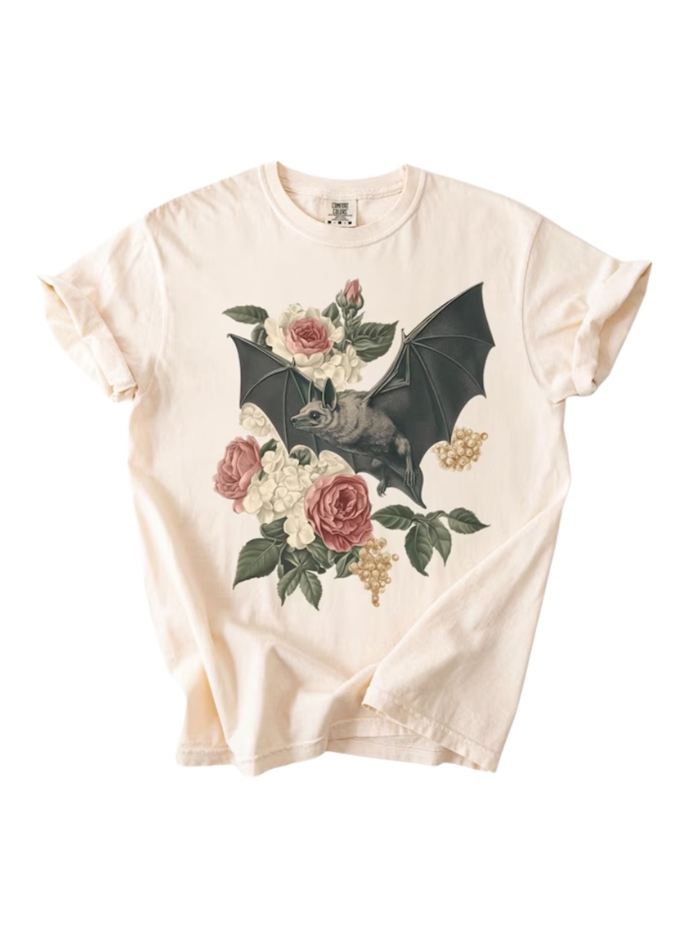 Comfort Colors Ivory Short Sleeve Tee with Bat and Floral Graphic